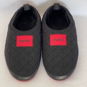 HUGO BOSS Men's Cozy Quilted Black Slippers with Red Accent, Size 11 US/44 EU
